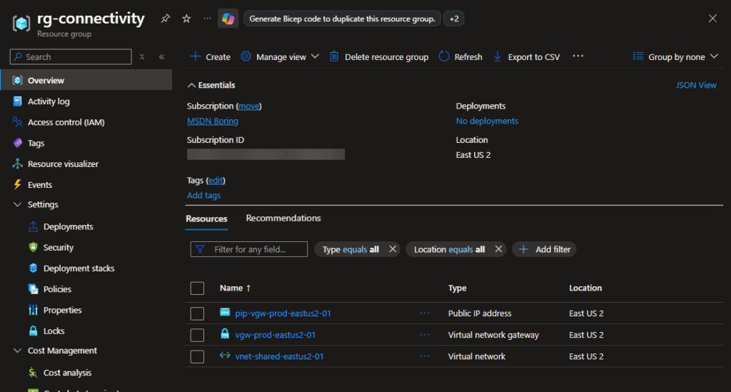 Azure portal showing Resource Group with Virtual Network