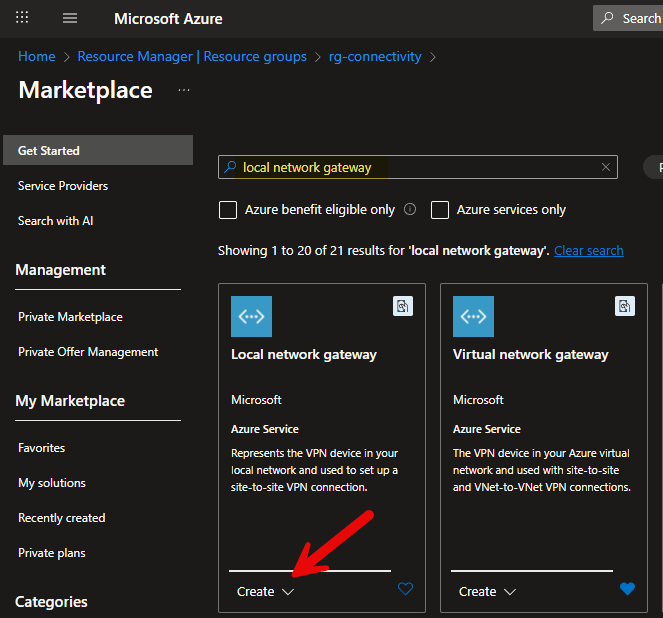 Azure Local Network Gateway creation form