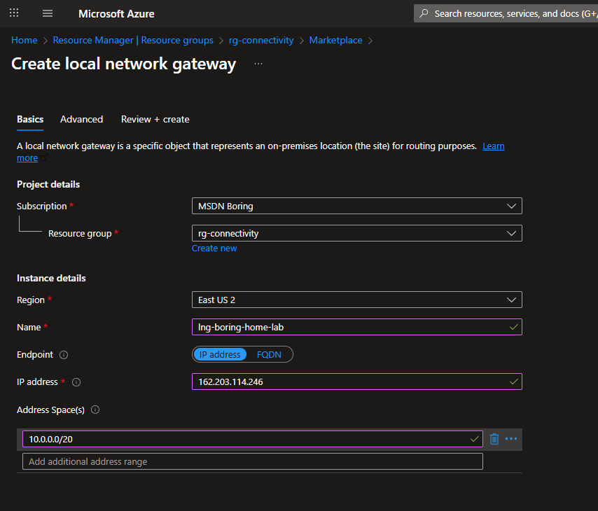 Azure Local Network Gateway configuration with on-premises IP and address space