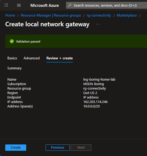 Azure VNet Gateway Review and Create summary