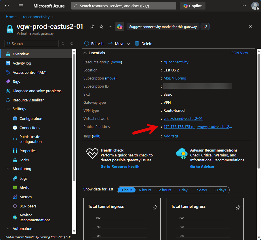 Azure VNet Gateway overview showing Public IP address
