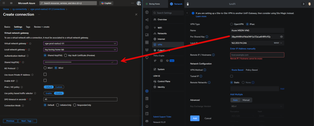 Ubiquiti VPN site configuration with Azure endpoint settings