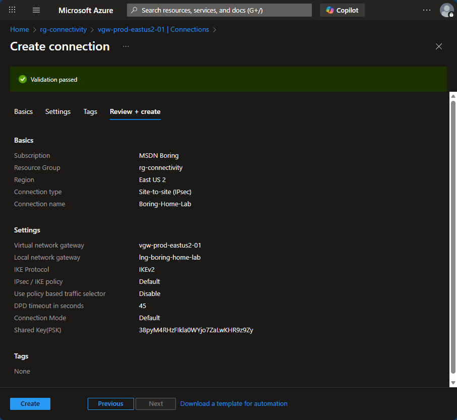 Azure VPN connection Review and Create tab