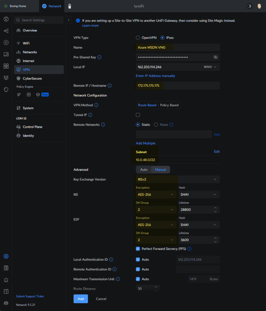 Ubiquiti IKEv2 VPN proposal settings - AES-256 encryption