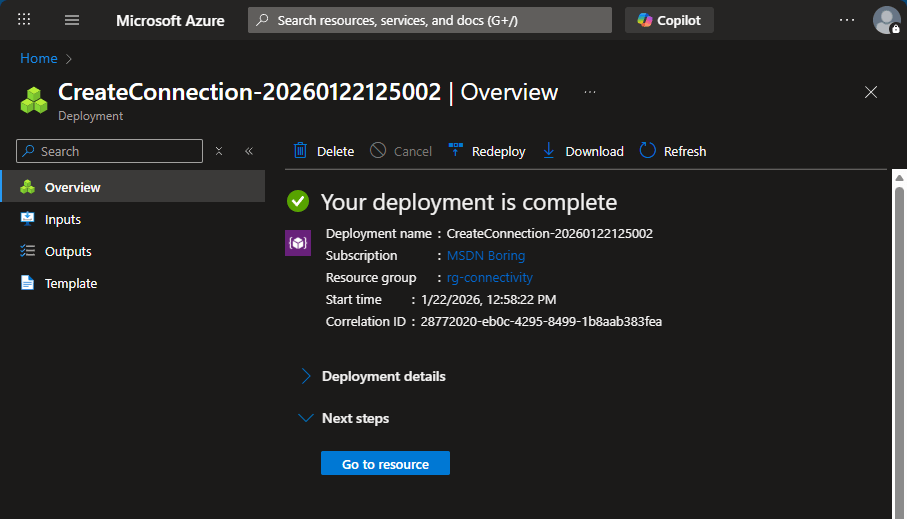 Azure VPN connection deployment complete