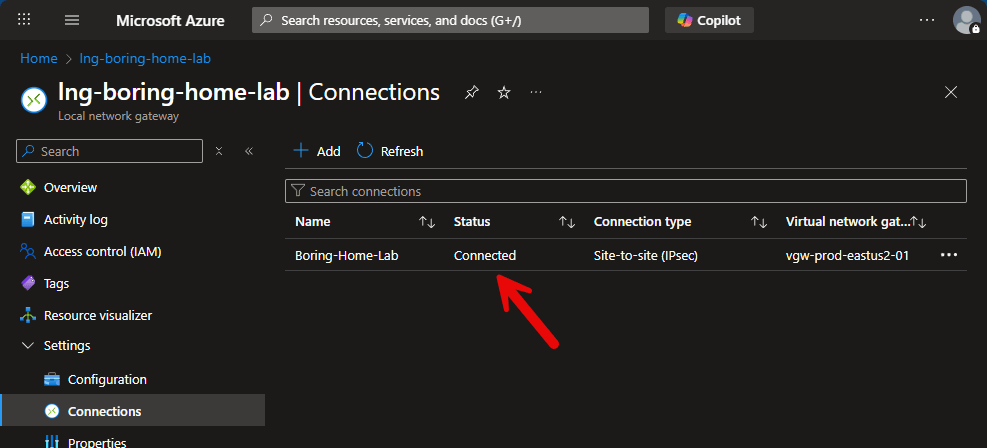 Azure VPN connection status showing Connected