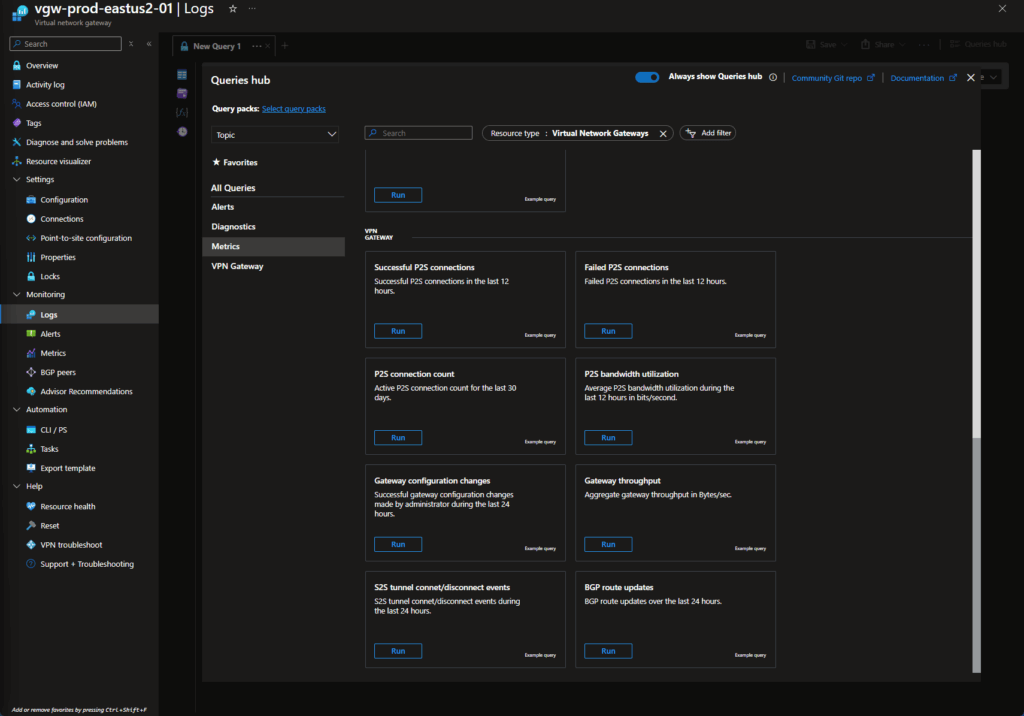 Azure Monitor VPN Gateway metrics and diagnostic queries