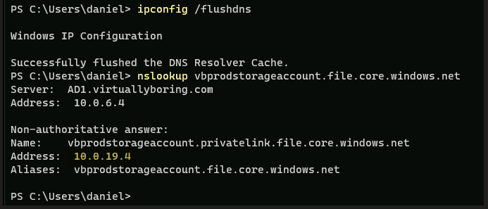 nslookup result showing storage account resolving to private IP after fix