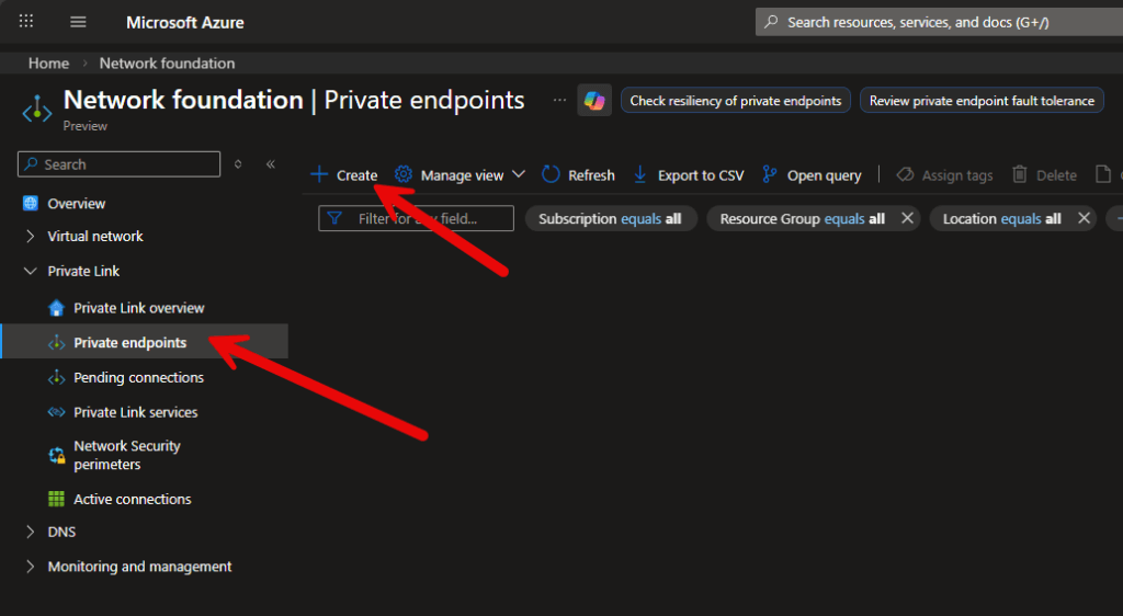 The Private Link blade. Two red arrows confirm exactly where to look: Private Link overview in the sidebar, then Private endpoints.