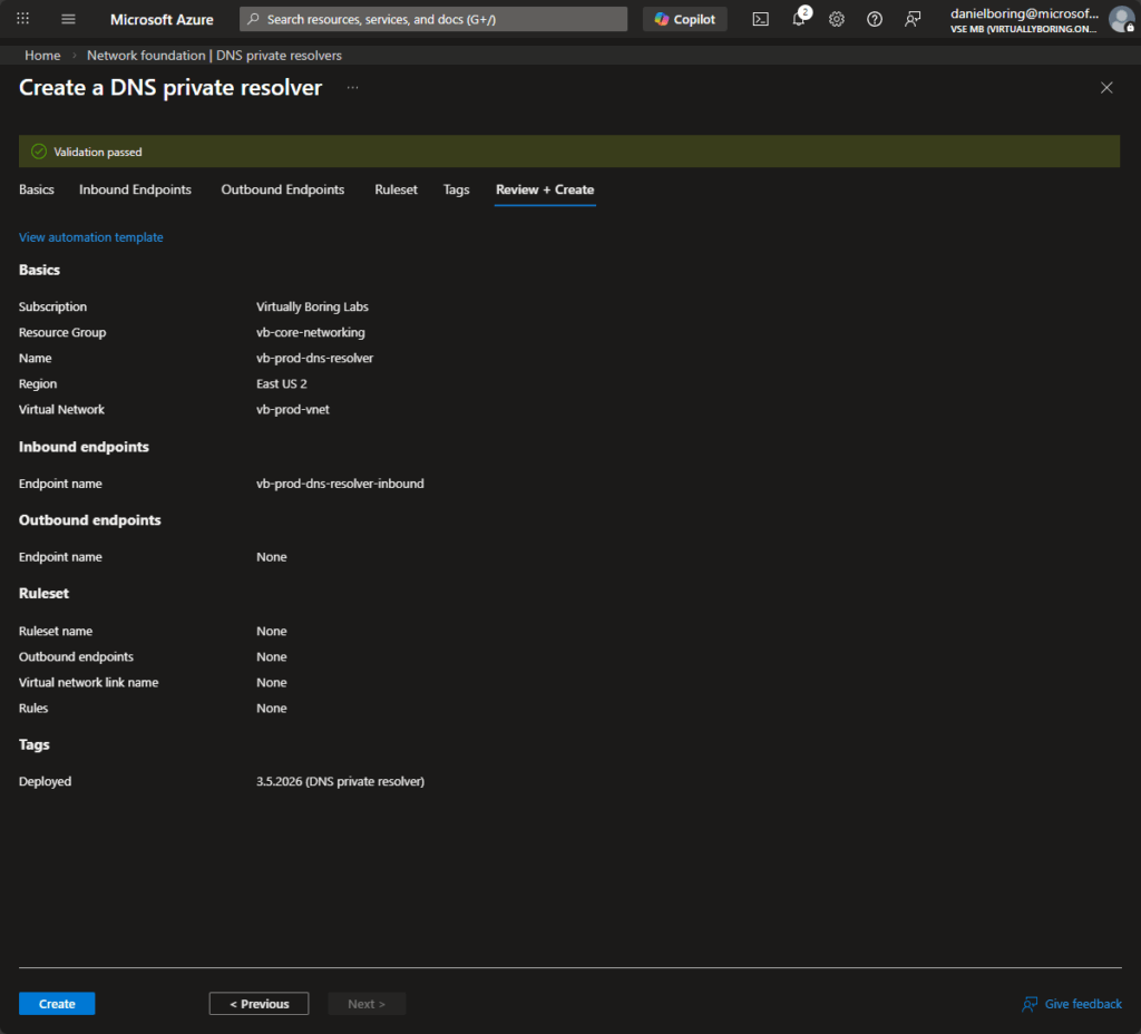 Azure DNS Private Resolver validation passed
