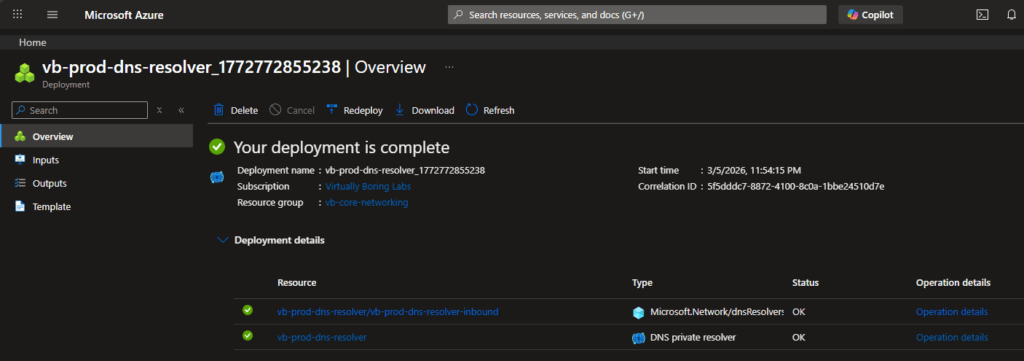 Azure DNS Private Resolver deployment complete