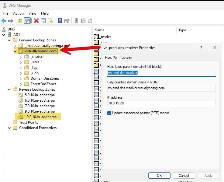 Azure Private DNS Zone showing private IP A record for storage account