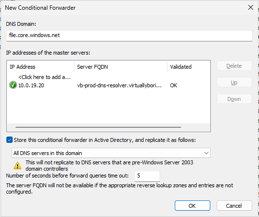 Windows DNS Conditional Forwarder configuration for Azure private DNS