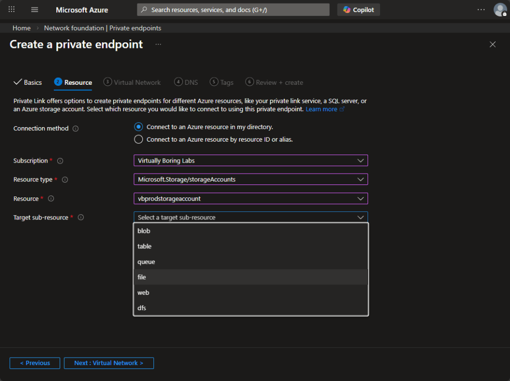 Resource tab with the target sub-resource dropdown expanded. We're going with file — one endpoint, one sub-resource.