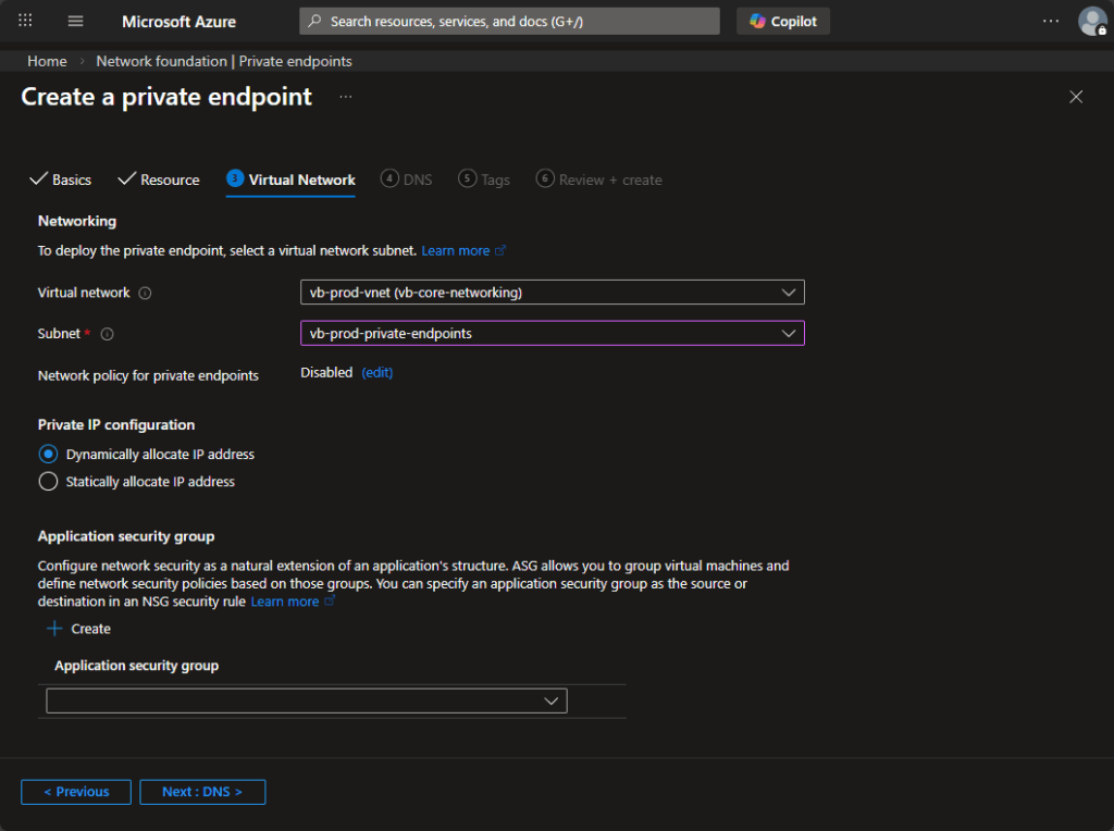 Azure Private Endpoint creation - Virtual Network tab