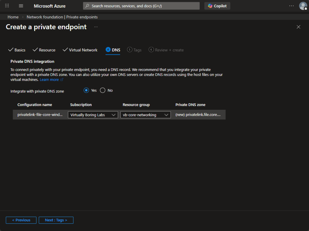 DNS tab with Private DNS integration enabled. A new privatelink.file.core.windows.net zone will be created and placed in the vb-core-networking resource group.