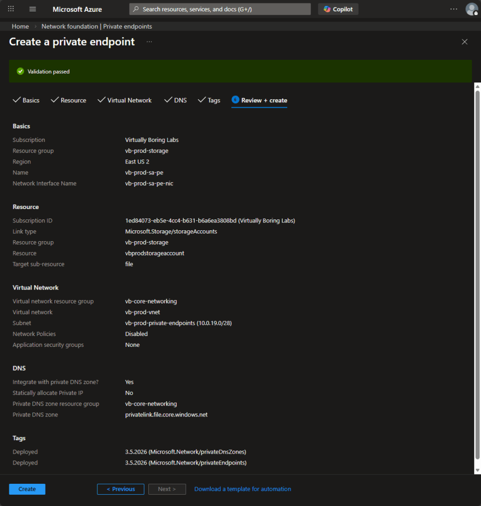 Validation passed. The summary confirms: vb-prod-sa-pe in vb-prod-storage, connecting to vbprodstorageaccount (file), on the vb-prod-private-endpoints subnet, with Private DNS zone privatelink.file.core.windows.net in vb-core-networking.