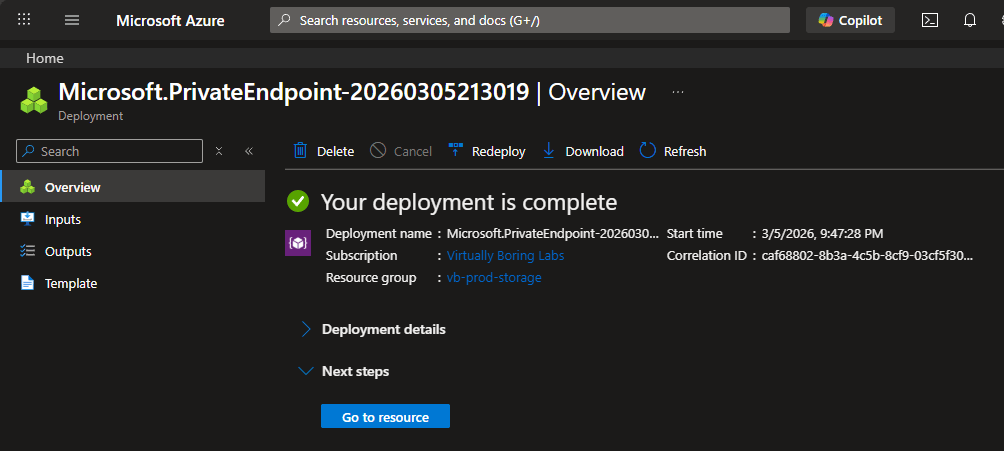 Azure Private Endpoint deployment complete confirmation