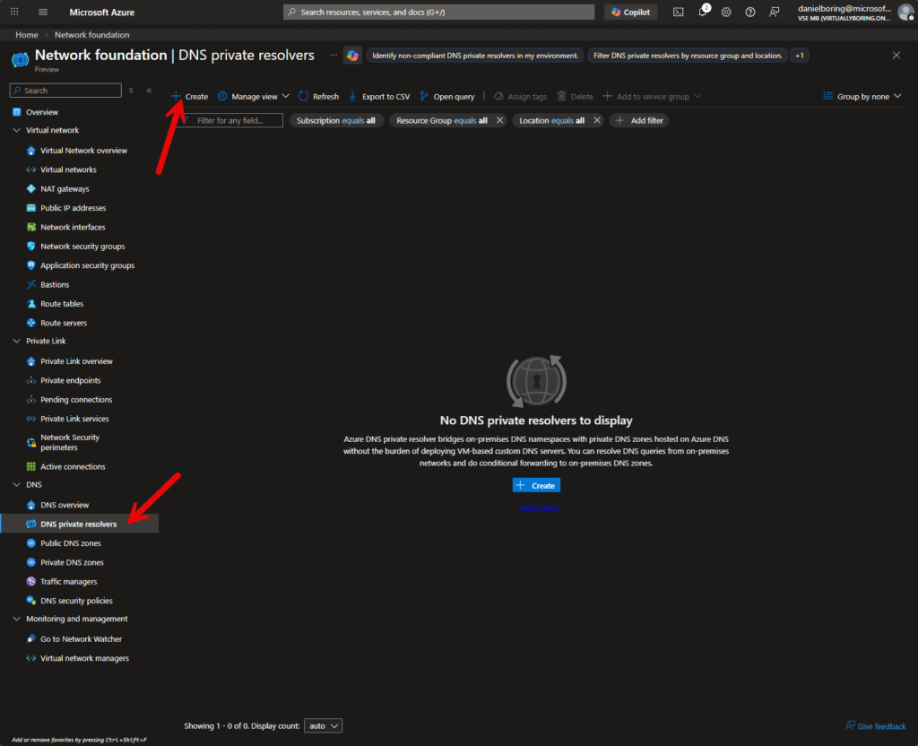 Azure DNS Private Resolver creation - Basics tab