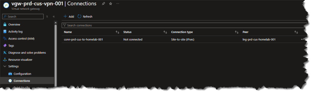 Azure VPN connection showing Not Connected status while awaiting the UDM side