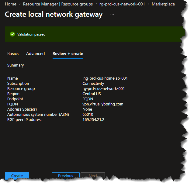 Central US local network gateway (lng-prd-cus-homelab-001) validation screen in the Azure portal