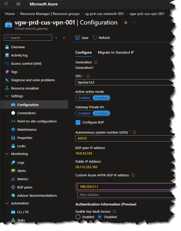 Central US VPN gateway BGP configuration showing ASN 65515 and the APIPA peer IP in the Azure portal
