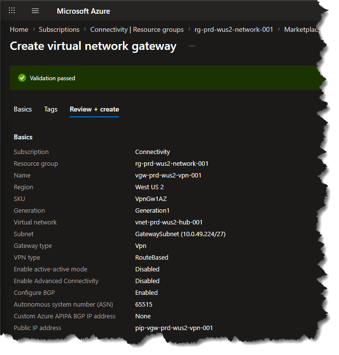 West US 2 VPN gateway deploying in the Azure portal