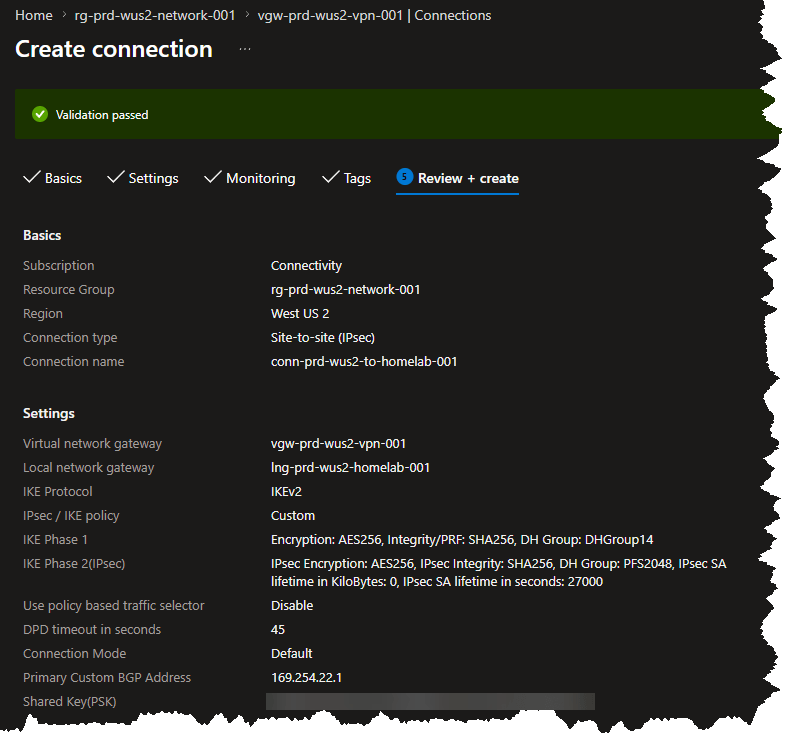 West US 2 Site-to-Site VPN connection (conn-prd-wus2-to-homelab-001) settings in the Azure portal