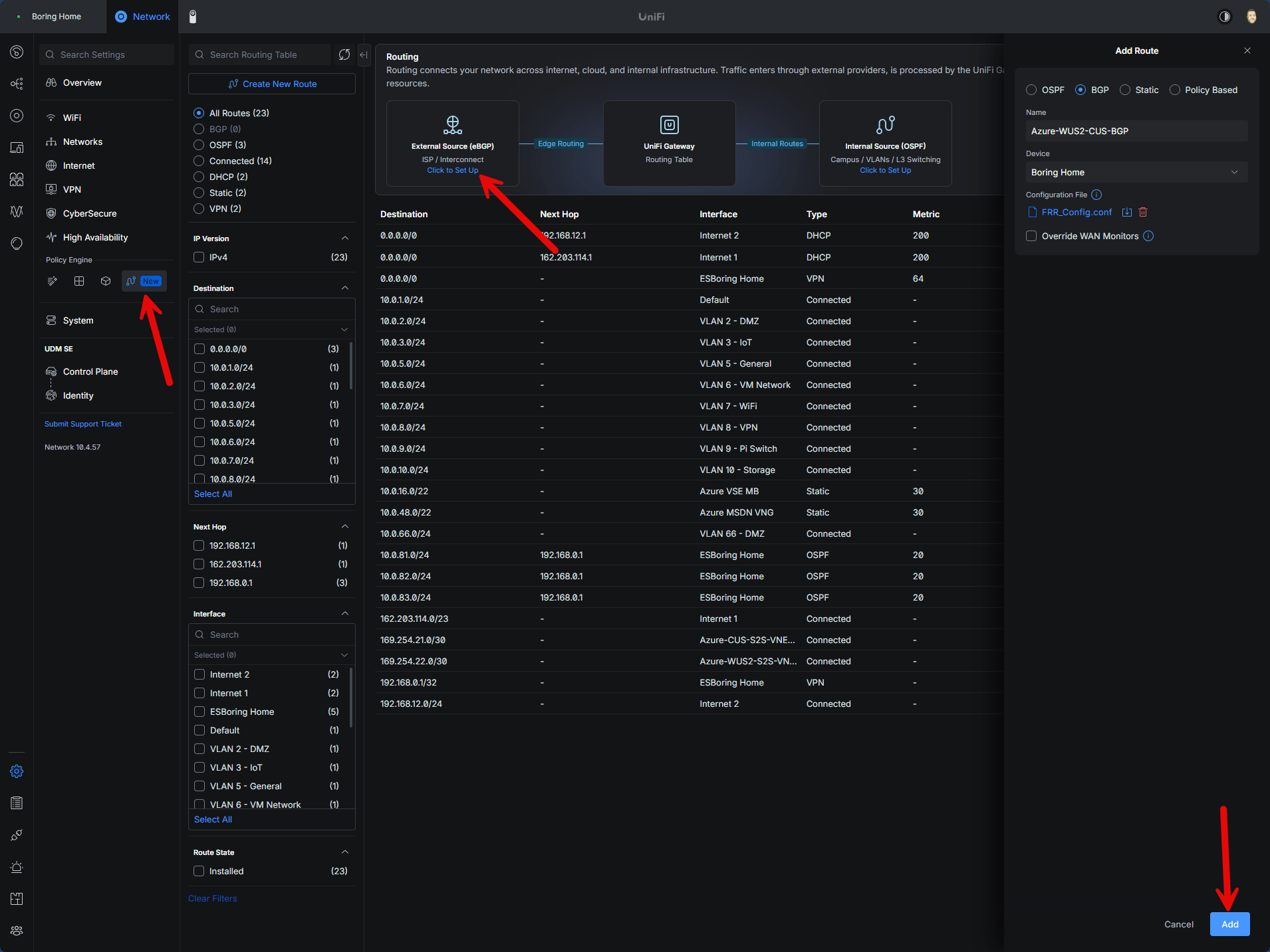 Uploading the FRR BGP configuration file on the UniFi UDM SE under Settings, Routing, BGP