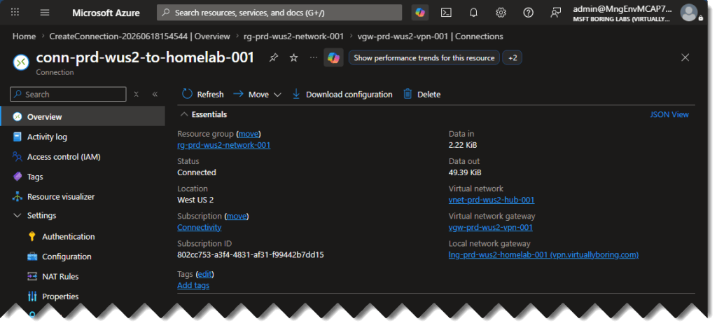 Both Azure VPN connections showing Connected in the portal