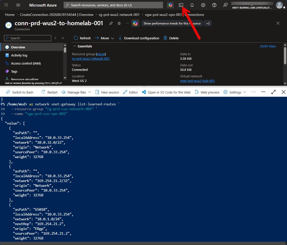 Azure Cloud Shell output of az network vnet-gateway BGP peer status and learned routes