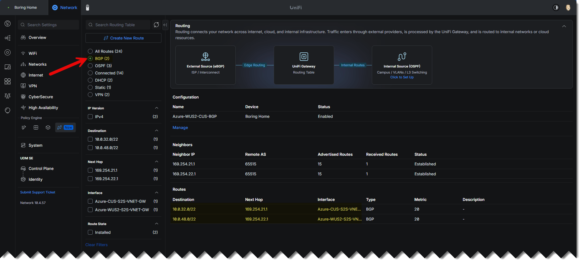 BGP-learned routes filtered in the UniFi UDM SE routing table
