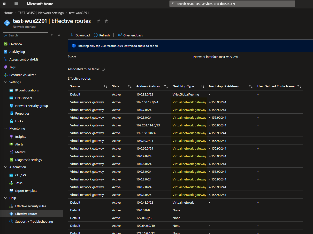 Effective routes on an Azure VM NIC showing on-premises prefixes learned via the virtual network gateway
