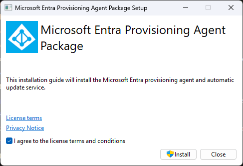 Entra Cloud Sync agent installer license terms and Install button
