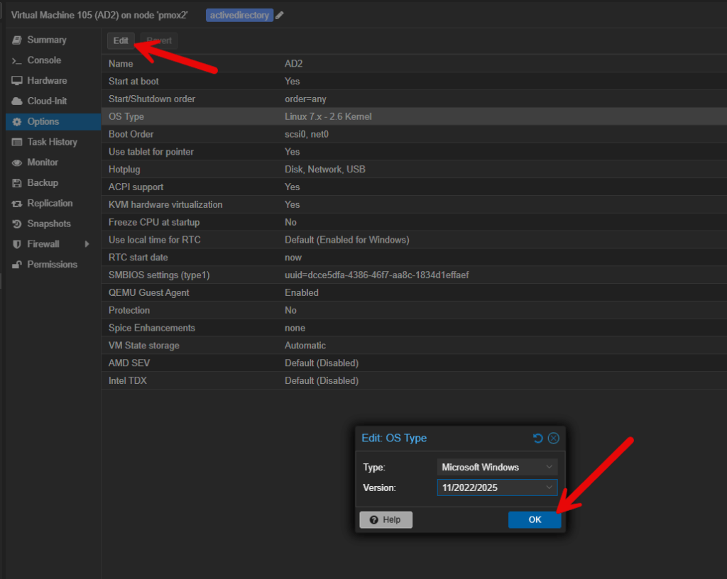Proxmox web UI showing OS Type set to Microsoft Windows 11/2022/2025