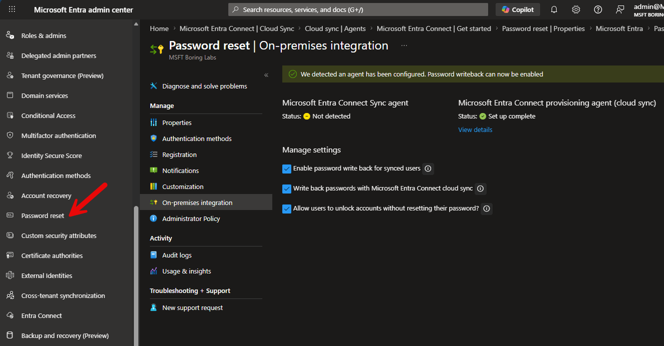 Entra password reset On-premises integration with password writeback enabled