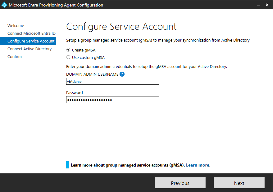 Configure Service Account step creating the gMSA for Entra Cloud Sync