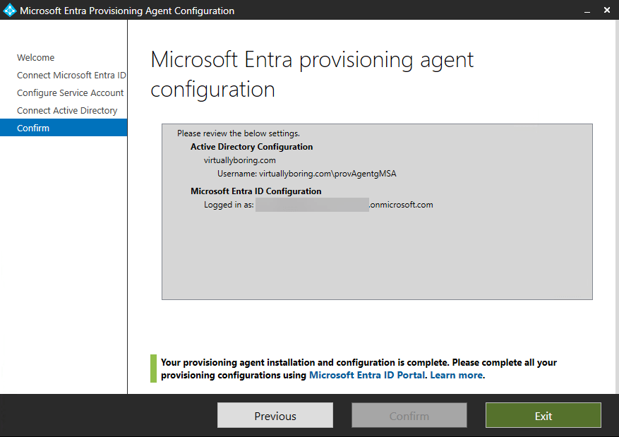 Entra Cloud Sync agent installation complete
