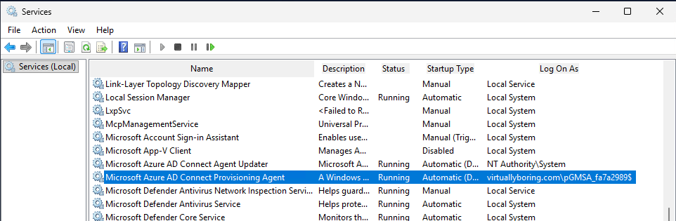 services.msc showing the Microsoft Azure AD Connect Provisioning Agent running