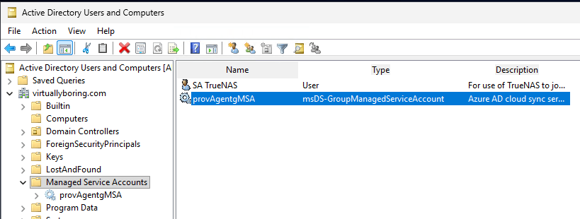 gMSA account under Managed Service Accounts in AD Users and Computers