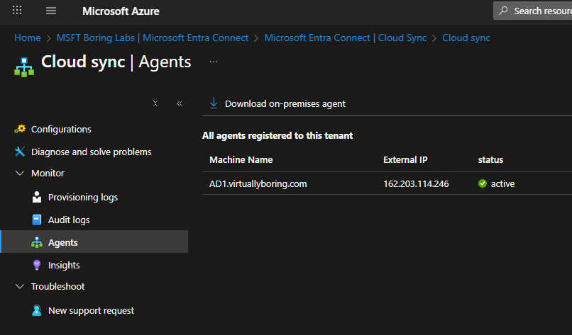 Cloud Sync Agents page showing the agent as Active