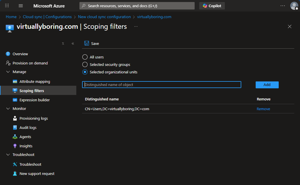 Scoping filters with an organizational unit distinguished name entered