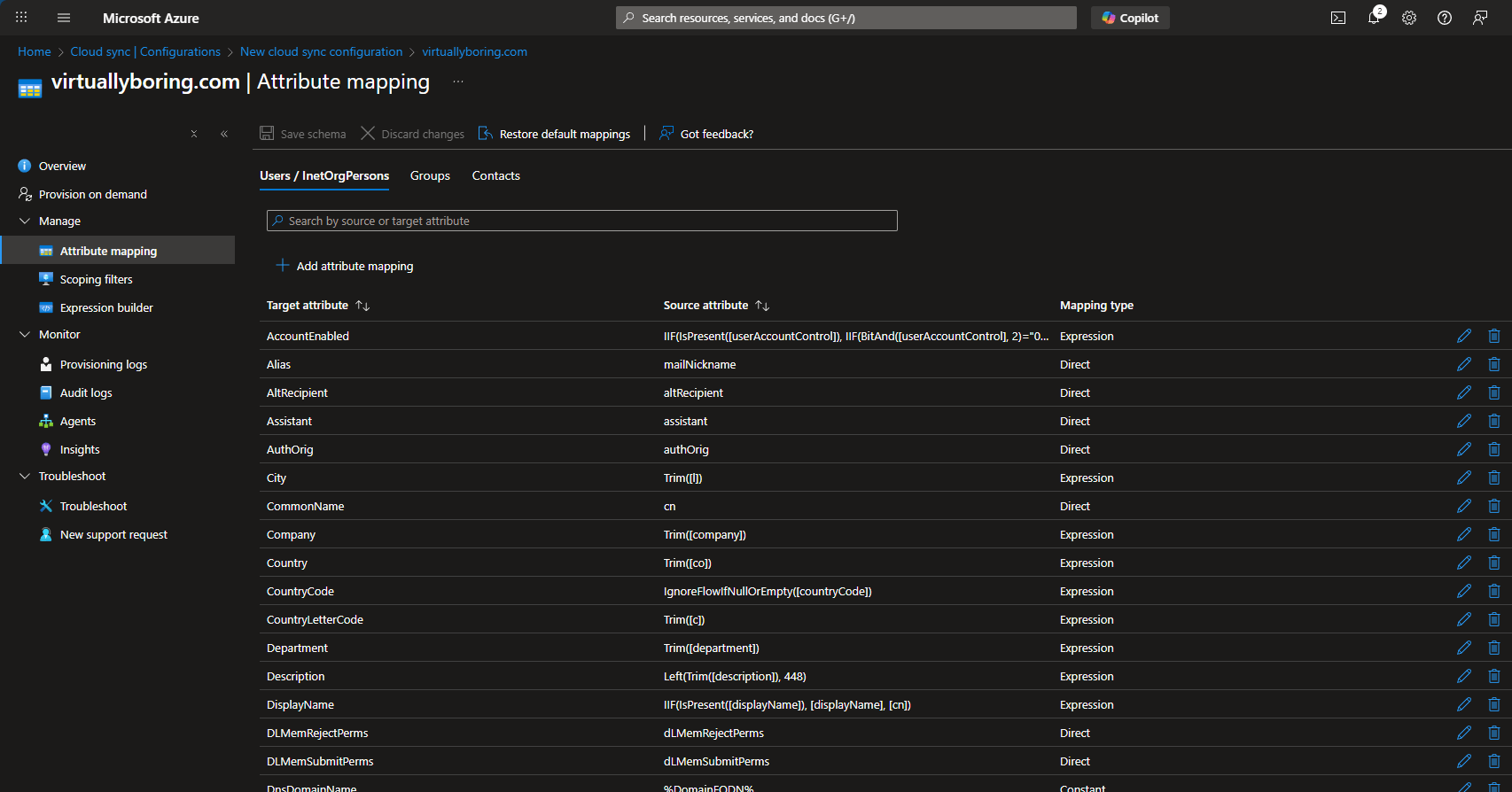 Cloud Sync attribute mapping default source-to-target view