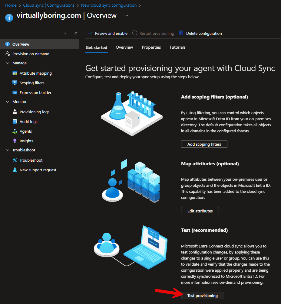 Successful Test provisioning result for a scoped user