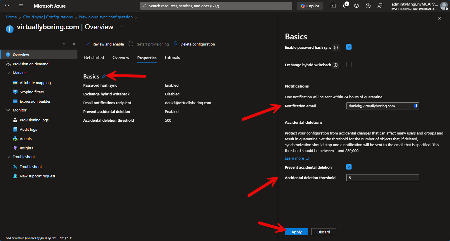 Configuration properties: accidental deletion threshold and notification email