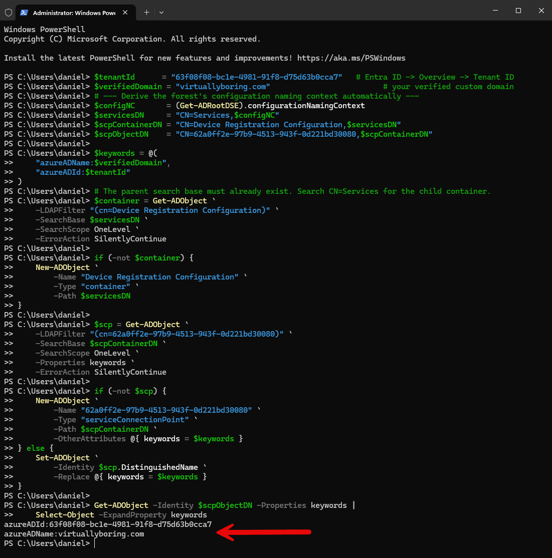 PowerShell creating the Service Connection Point with azureADId and azureADName keywords