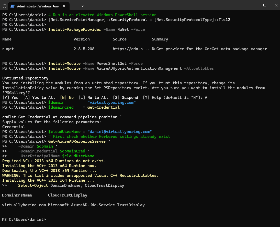 owerShell setting up the Microsoft Entra Kerberos Trusted Domain Object