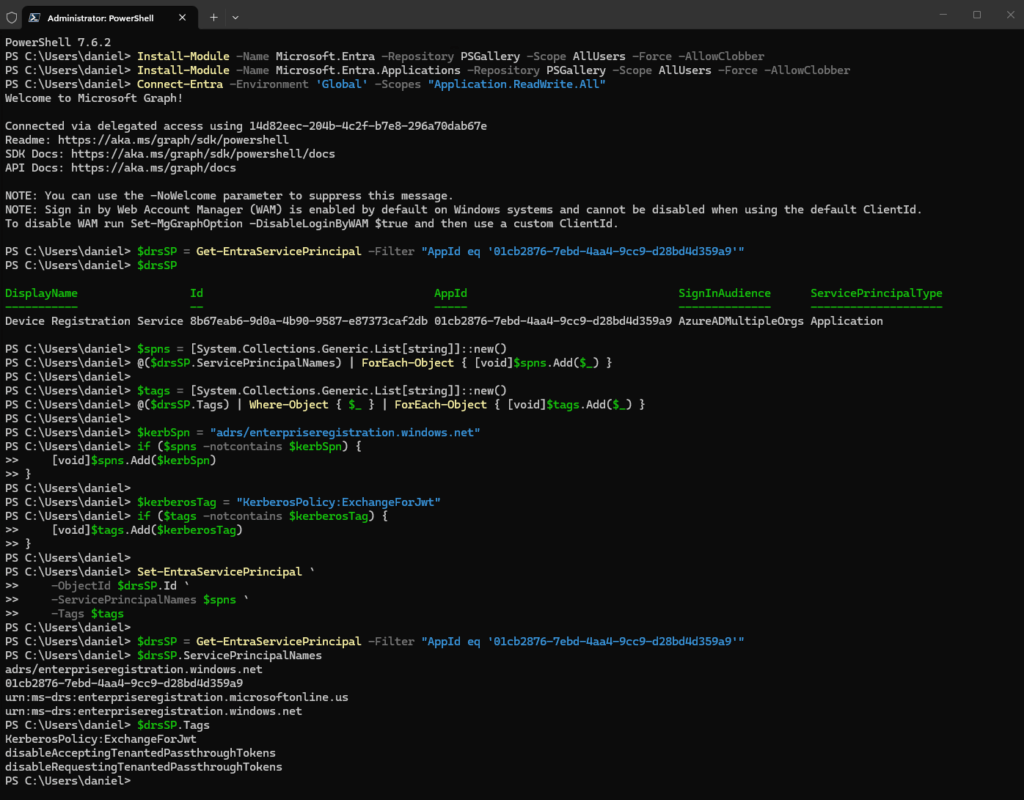 PowerShell configuring the Microsoft Entra Device Registration Service principal
