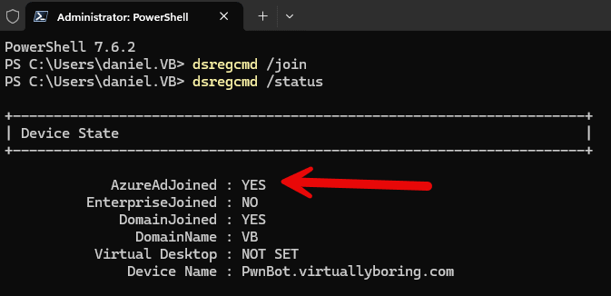 dsregcmd /status output showing AzureAdJoined: YES and DomainJoined: YES