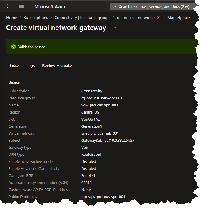 Central US VPN gateway deploying in the Azure portal